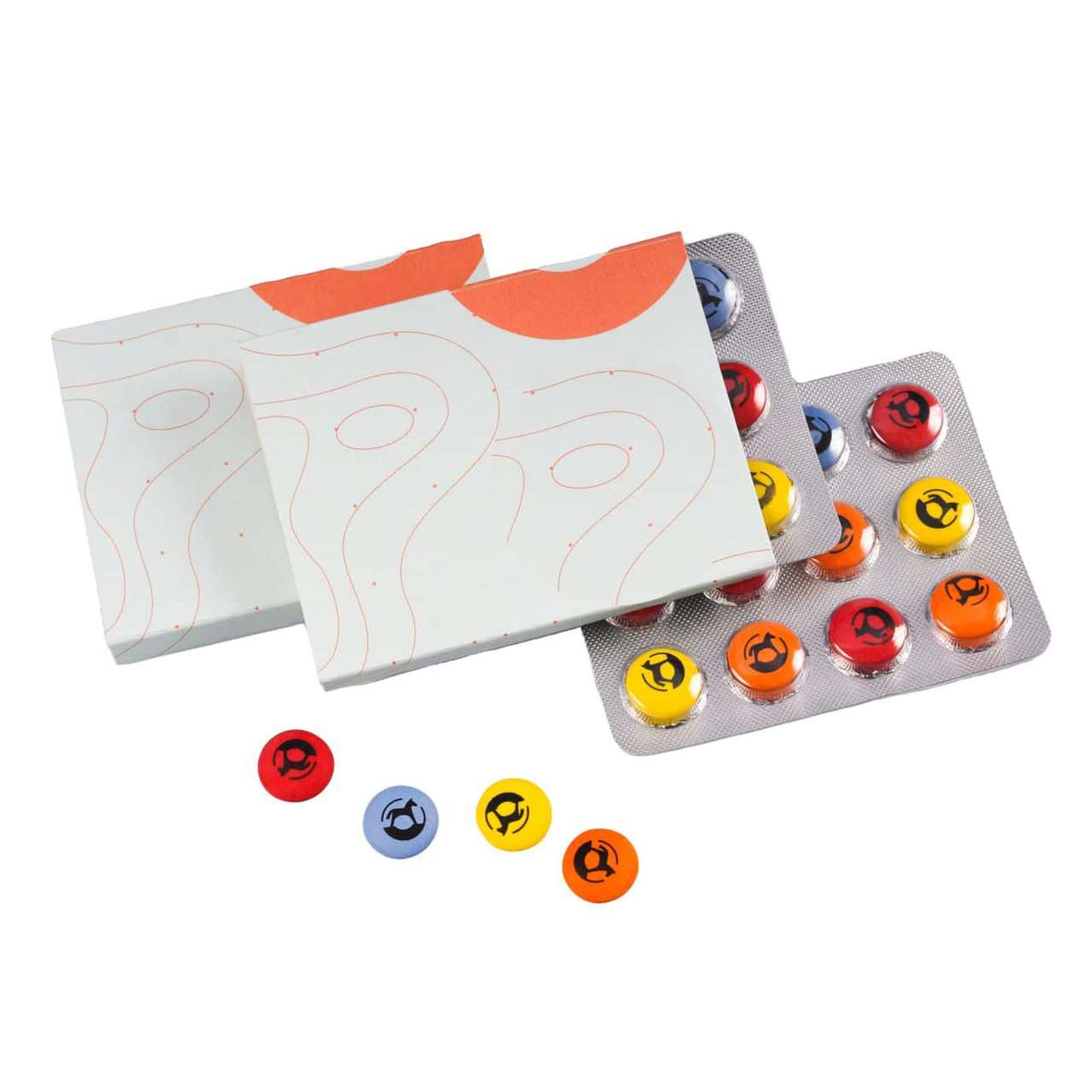 12er-Schokolinsen im Blister in Kartonschachtel, mit bedruckten Schokolinsen im Farbmix