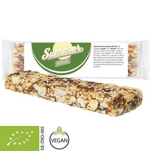 Bio Knusperriegel Cranberry-Mandel, 25g, Express Flowpack mit Etikett