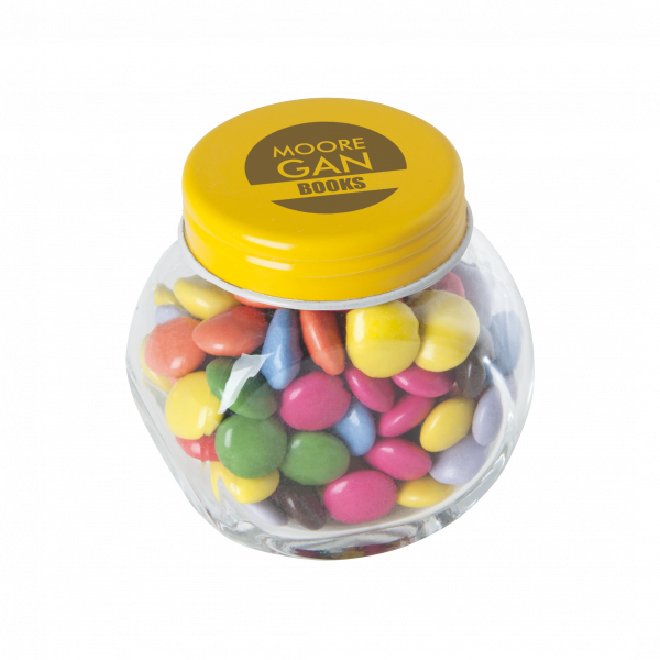 Bonbonglas mini gefüllt mit ca. 40 gr. Schokocarletties mit farbigem Deckel