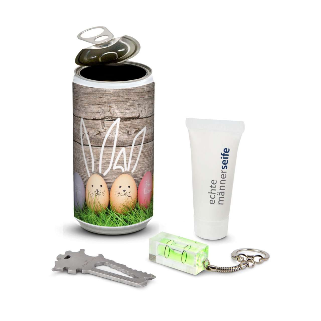 Geschenkset / Präsenteset: Männer-Geheimnis Ostern, das Nest in der Dose - Etikett Ostern