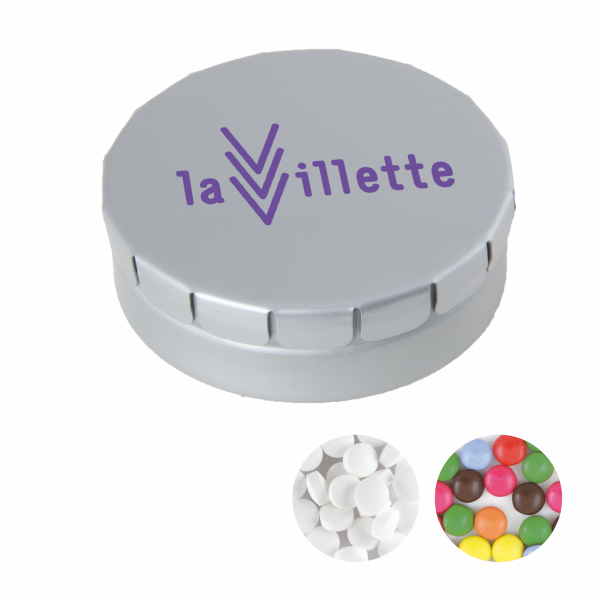 Runde Click-Blechdose 45 mm mit ca. 12 gr. Minties TAMPONDRUCK
