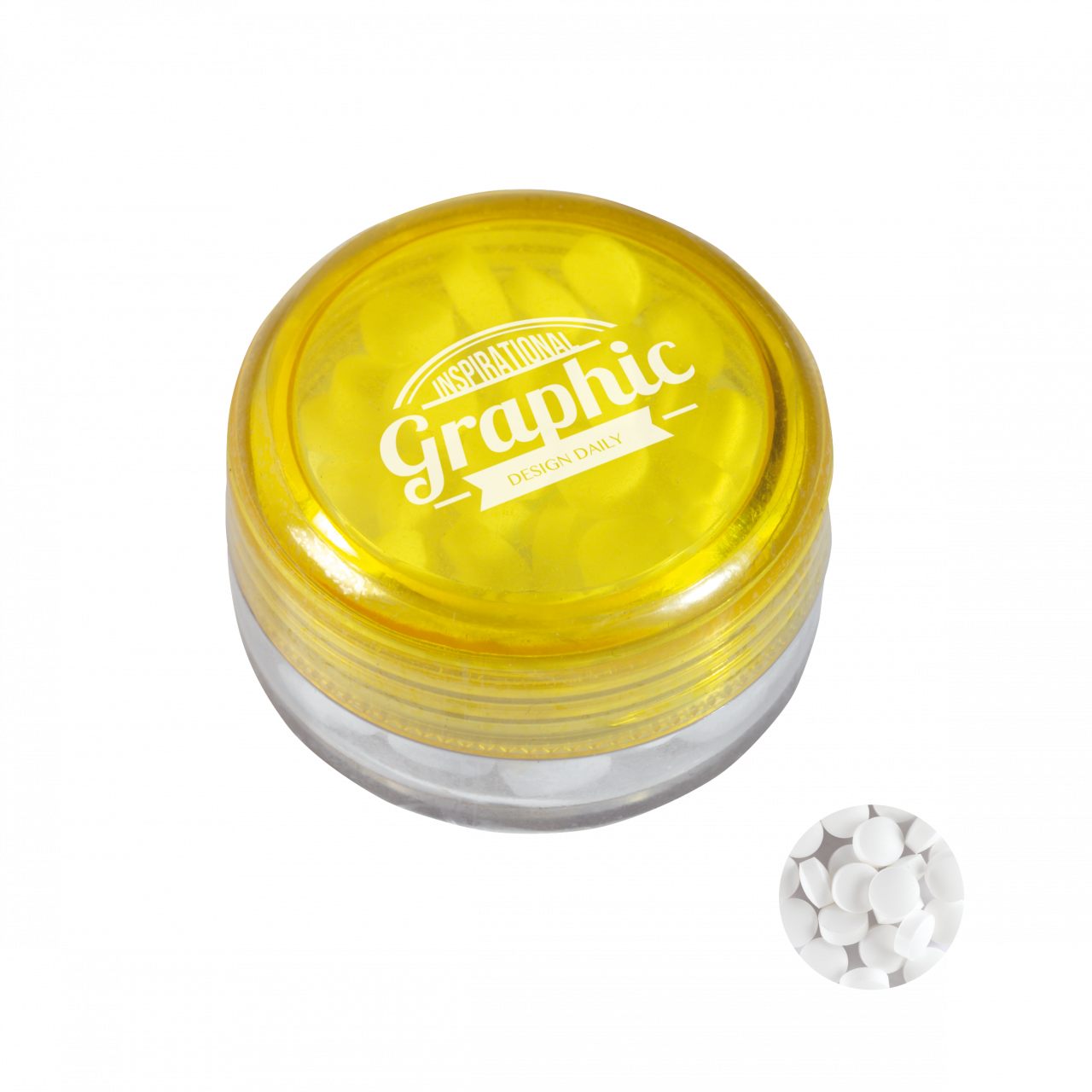 Runde Plastikdose mit farbigem Deckel gefüllt mit ca. 12 gr. extra strong Minties `Triangle` TAMPOND