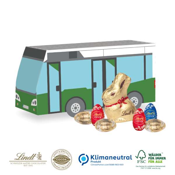 3D Präsent Bus mit Lindt Goldhase und Schoko-Eier, Klimaneutral, FSC®