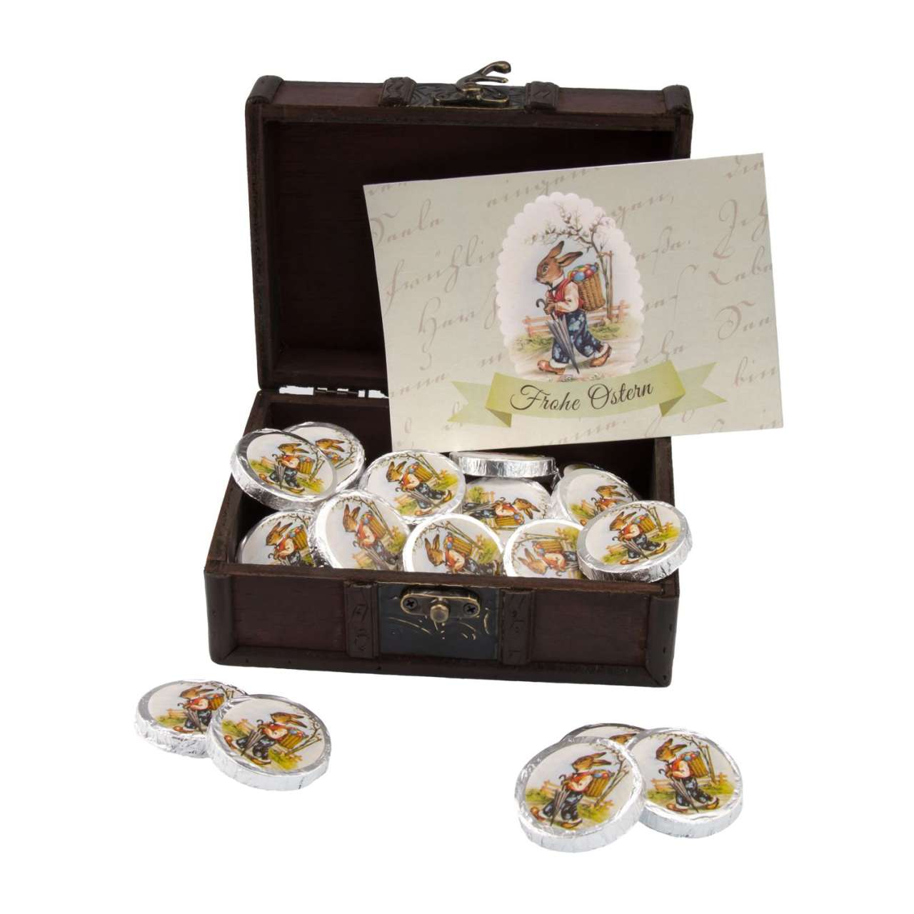 Geschenkartikel / Präsentartikel: Osterschatz, Schatztruhe mit 24 Vollmilch-Dublonen