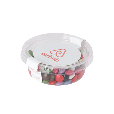 Transparenter biologisch abbaubarer Becher mit separatem Deckerl, Füllung 40 gr. Schokocarletties un