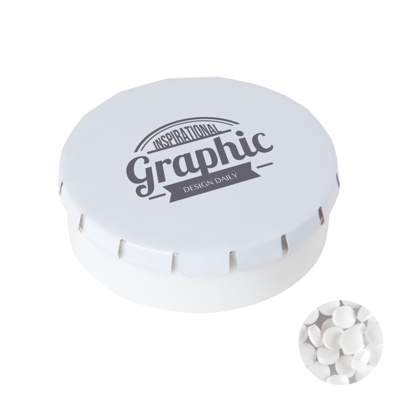 Super runde Click-Plastikdose 45 mm mit ca. 12 gr. minties zuckerfrei, TAMPONDRUCK