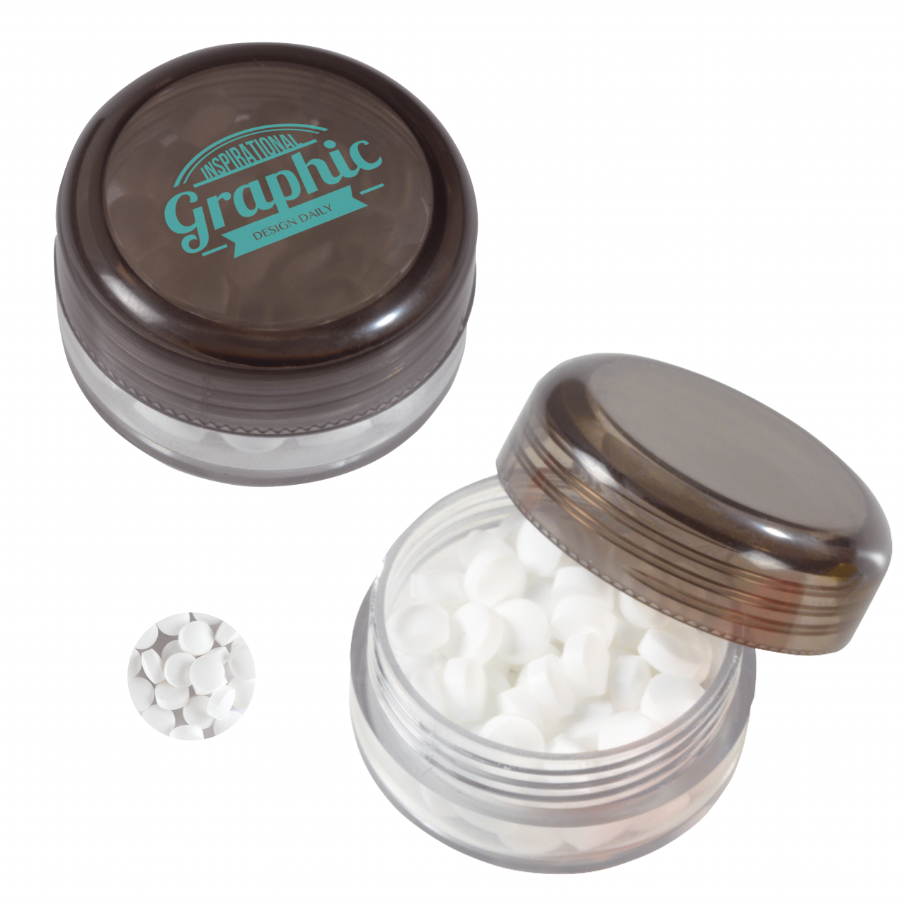 Runde Plastikdose mit farbigem Deckel gefüllt mit ca. 12 gr. extra strong Minties `Triangle` TAMPOND