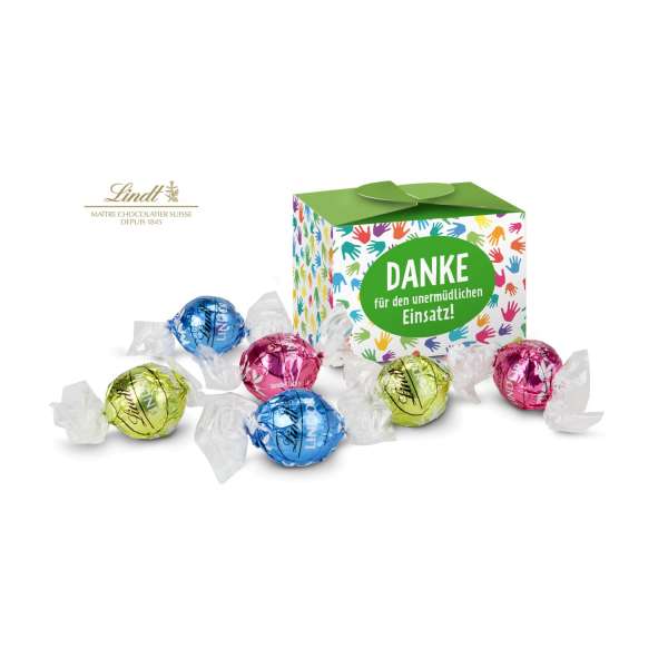 Geschenkartikel / Präsentartikel: Lindt süßes Danke, Pralinenschachtel mit bunten Händen, 5 Lindorku