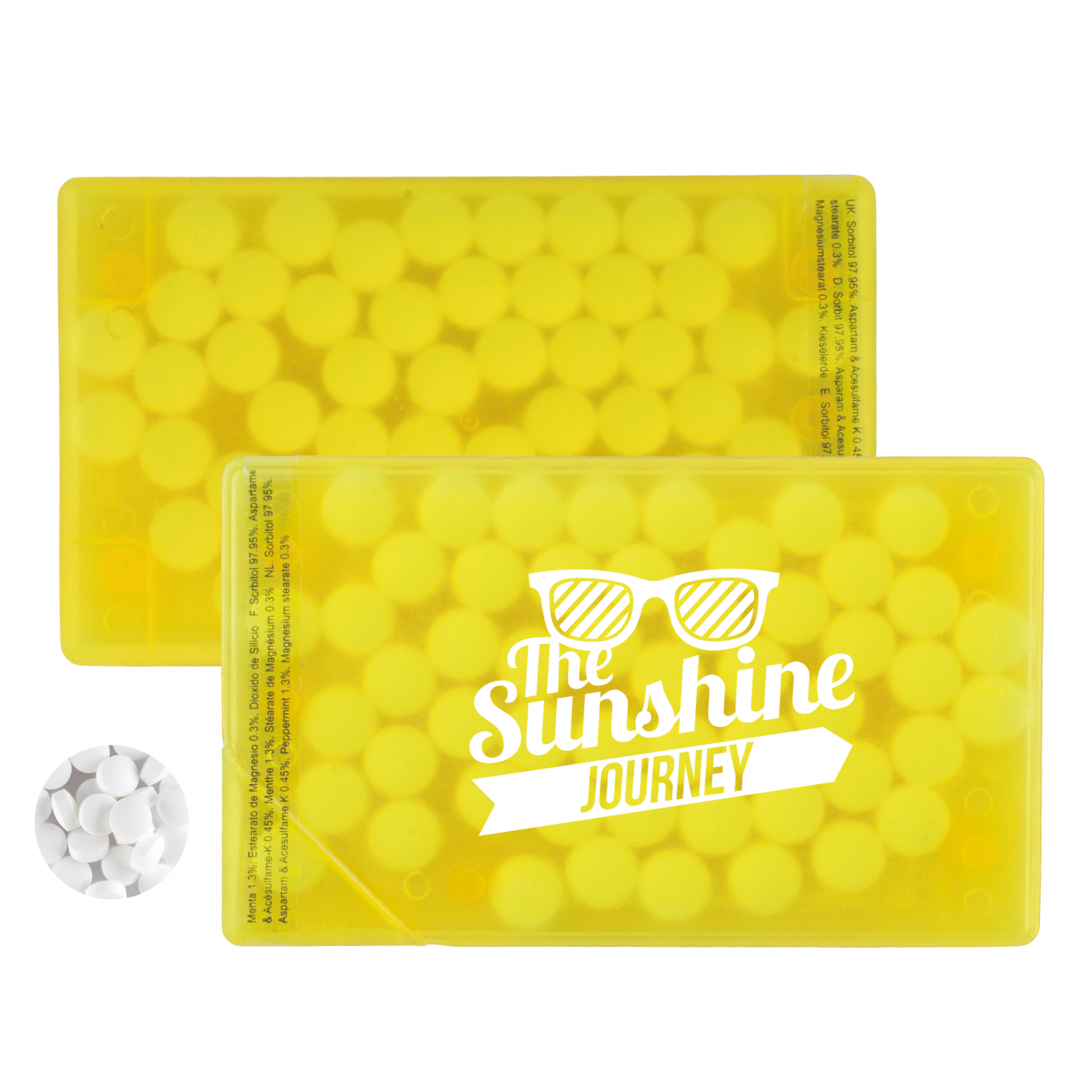 Mintdispenser Kreditkarte mit ca. 8 gr. Minties zuckerfrei und Zutatenaufkleber TAMPONDRUCK