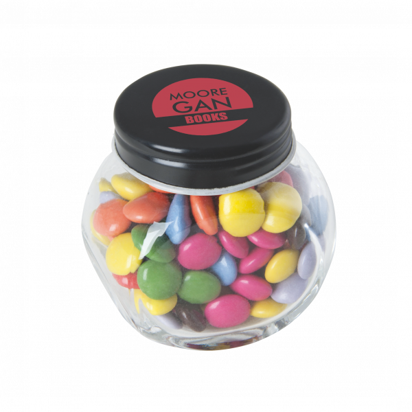 Bonbonglas mini gefüllt mit ca. 40 gr. Schokocarletties mit farbigem Deckel