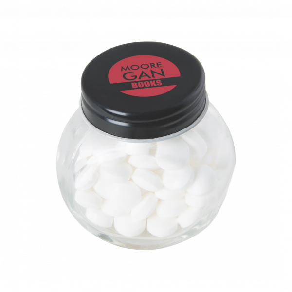 Bonbonglas mini gefüllt mit ca. 40 gr. Mints mit farbigem Deckel