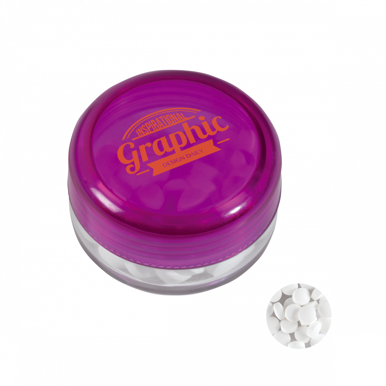 Runde Plastikdose mit farbigem Deckel gefüllt mit ca. 12 gr. extra strong Minties `Triangle` TAMPOND