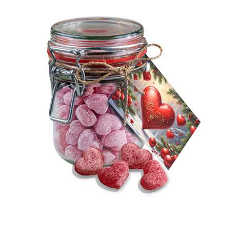 Glühwein Herzen (vegan), ca. 250g, Bonbonglas Maxi mit Werbekarte