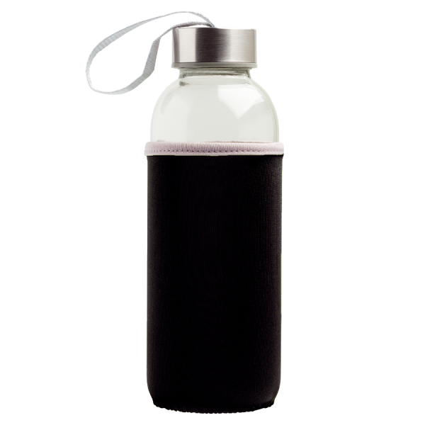 Glasflasche 500ml mit farbiger Neoprenhülle, der silberfarbene Metalldeckel ist mit einer farbigen S