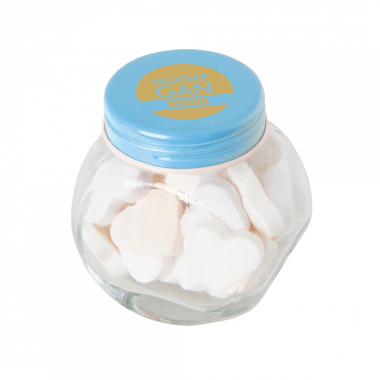 Bonbonglas mini gefüllt mit ca. 40 gr. Fruchtherzchen mit farbigem Deckel