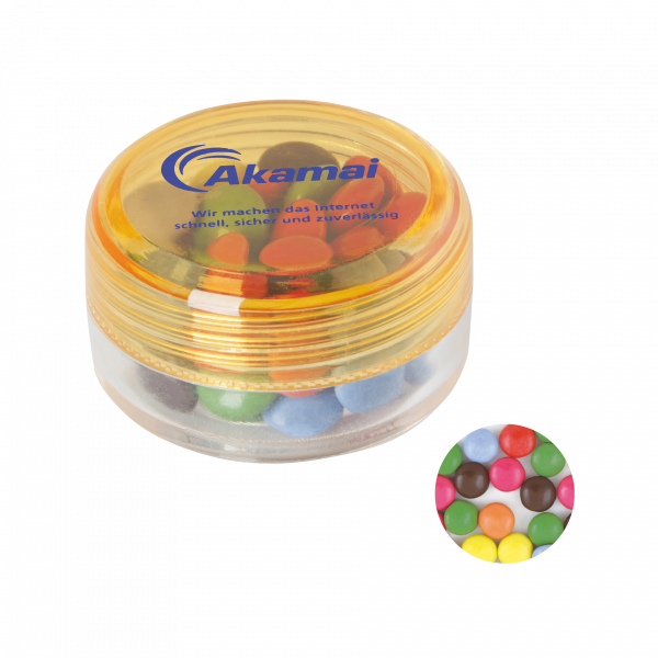 Runde Plastikdose mit farbigem Deckel gefüllt mit ca. 12 gr. Schokocarletties TAMPONDRUCK