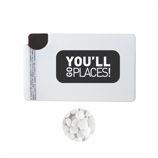 Mindispenser de Luxe mit ca. 8 gr. Minties zuckerfrei und Zutatenaufkleber