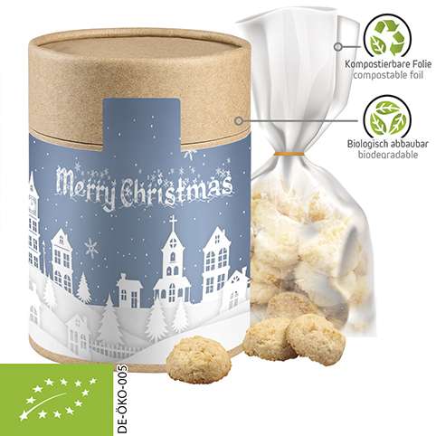 Bio Weihnachts Kokos Kekse, ca. 100g, Beutel in biologisch abbaubare Eco Pappdose Maxi