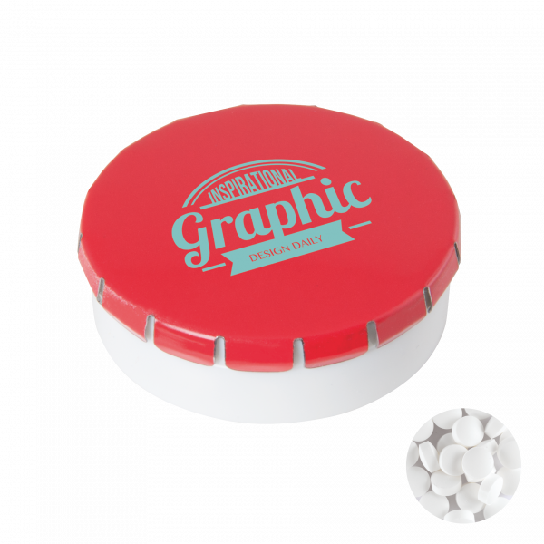 Super runde Click-Plastikdose 45 mm mit ca. 12 gr. minties zuckerfrei, TAMPONDRUCK