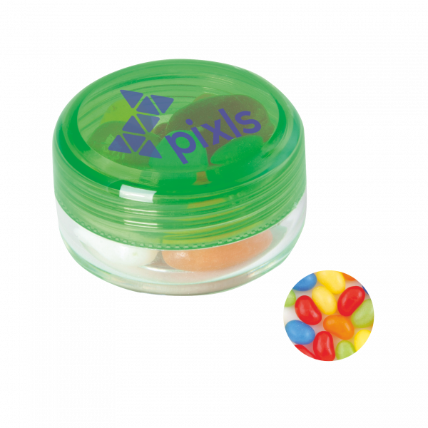 Runde Plastikdose mit farbigem Deckel gefüllt mit ca. 12 gr. Jelly Beans TAMPONDRUCK