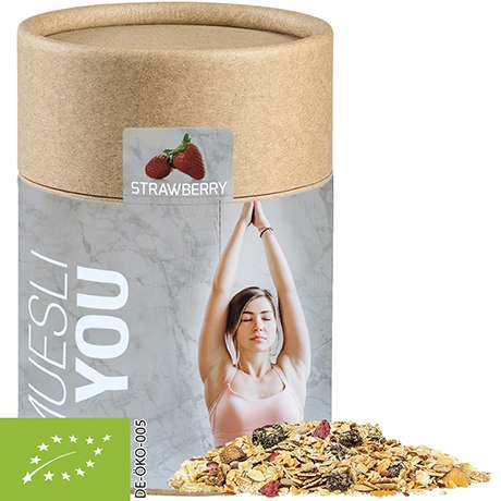 Bio Müsli Erdbeerchen, ca. 60g, Kraftpapierdose Midi