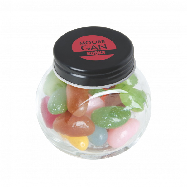 Bonbonglas mini gefüllt mit ca. 40 gr. Jelly Beans mit farbigem Deckel