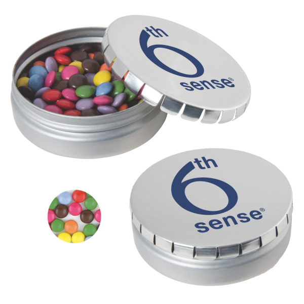 Runde Click-Blechdose (Ø 75 mm) standardmäßig gefüllt mit DutchDex Dextrose-Minzbonbons. Optional mi