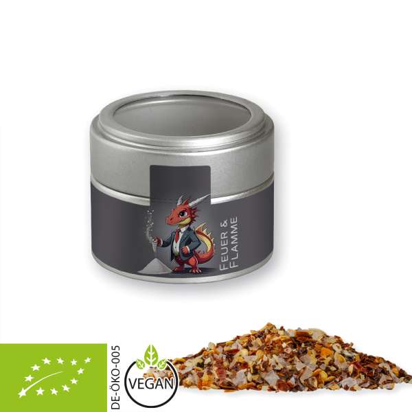 Bio Gewürzmischung Feuer und Flamme, ca. 60g, Metalldose Mini mit Sichtfenster silber