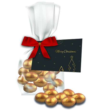 Goldene Salted Caramel Mandeln, ca. 30g, Express Flachbeutel mit Schleife mit Werbekarte