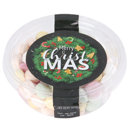 Transparenter biologisch abbaubarer Becher mit separatem Deckel, Füllung 40 gr. Minties, Fruchtbällc