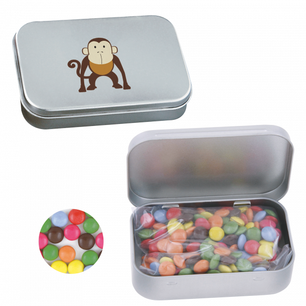 Blechdose mit Scharnier mit ca. 50 gr. Schokocarletties