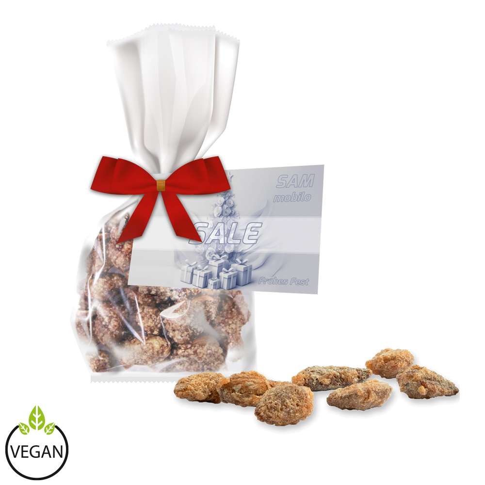 Feuergebrannte Mandeln ohne Zuckerzusatz, ca. 30g, Express Flachbeutel mit Schleife mit Werbekarte