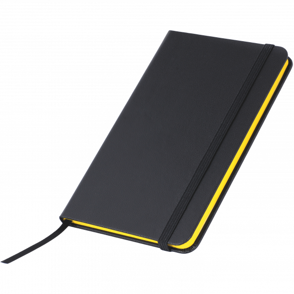 Notizbuch A6 schwarz mit Gummiband, Farbschnitt und Leseband, 60 Seiten