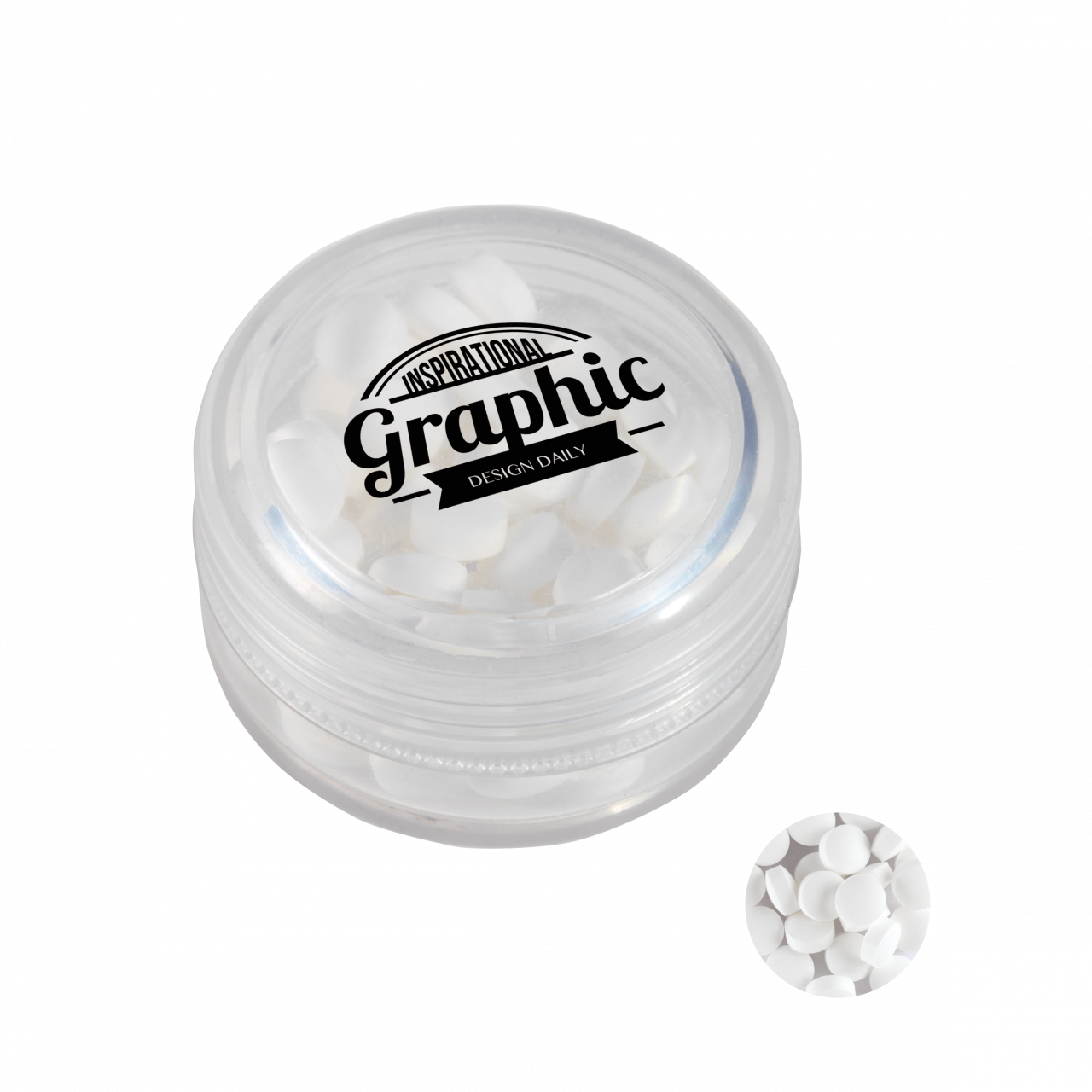 Runde Plastikdose mit farbigem Deckel gefüllt mit ca. 12 gr. extra strong Minties `Triangle` TAMPOND