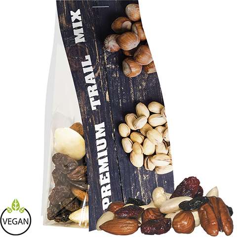 Premium Studentenfutter, ca. 40g, Express Blockbodenbeutel mit Werbereiter