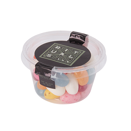 Transparenter biologisch abbaubarer Becher mit separatem Deckerl, Füllung 60 gr. Carletties und Jell