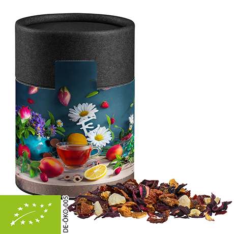 Bio Früchtetee gute Laune, ca. 50g, Kraftpapierdose Midi schwarz