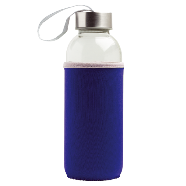Glasflasche 500ml mit farbiger Neoprenhülle, der silberfarbene Metalldeckel ist mit einer farbigen S