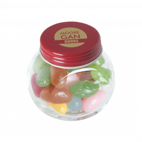 Bonbonglas mini gefüllt mit ca. 40 gr. Jelly Beans mit farbigem Deckel
