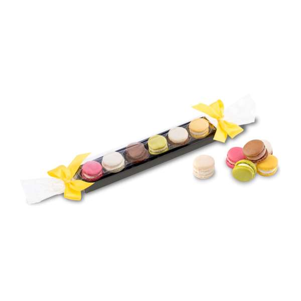 Geschenkartikel / Präsentartikel: Macaron-Stange mit Schleifen - sechs bunte Macarons (60 g)