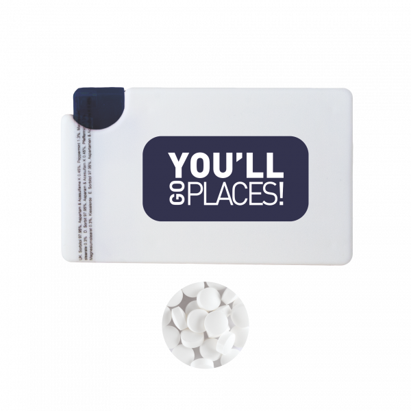 Mindispenser de Luxe mit ca. 8 gr. Minties zuckerfrei und Zutatenaufkleber