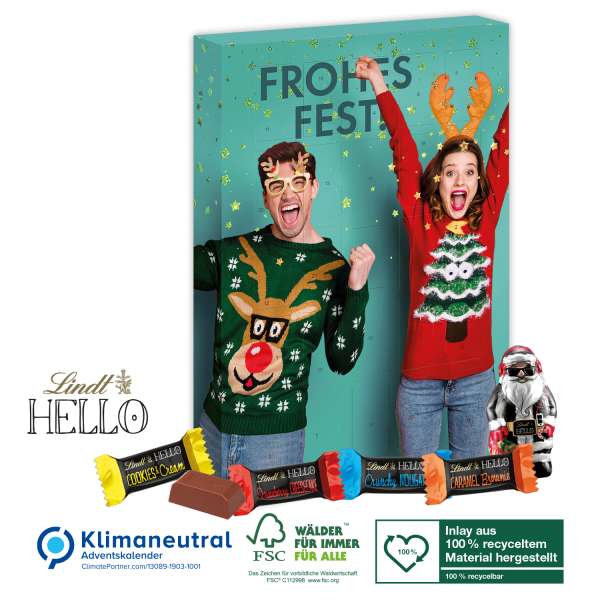 Adventskalender Lindt "HELLO" Mini Stick Mix mit Santa, Klimaneutral, FSC®, Inlay aus 100% recycelte