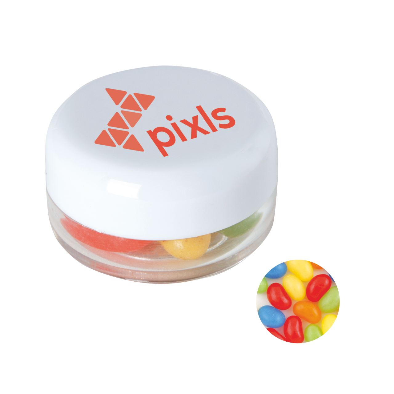 Runde Plastikdose mit farbigem Deckel gefüllt mit ca. 12 gr. Jelly Beans TAMPONDRUCK