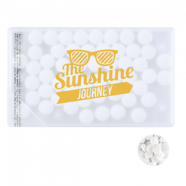 Mintdispenser Kreditkarte mit ca. 8 gr. Minties zuckerfrei und Zutatenaufkleber TAMPONDRUCK