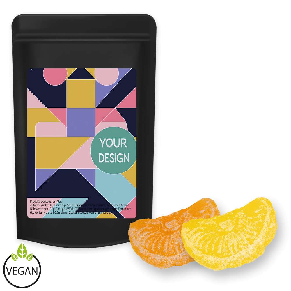 Zitrone und Orangen Bonbons, ca. 80g, Standbeutel Midi schwarz