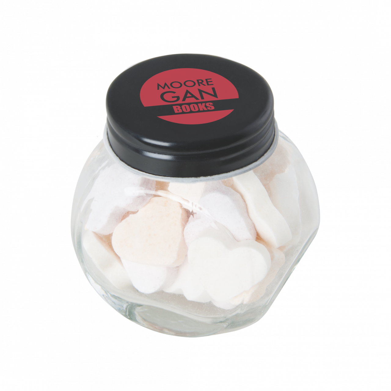 Bonbonglas mini gefüllt mit ca. 40 gr. Fruchtherzchen mit farbigem Deckel