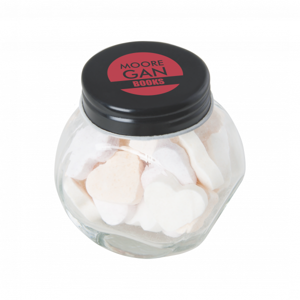 Bonbonglas mini gefüllt mit ca. 40 gr. Fruchtherzchen mit farbigem Deckel