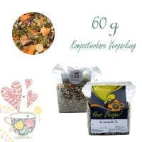 Kompostierbarer Zellglas-Beutel, Geprägtes Verschluss-Siegel aus Zuckerrohrpapier. Komplett abbaubar. Inhalt 60 g