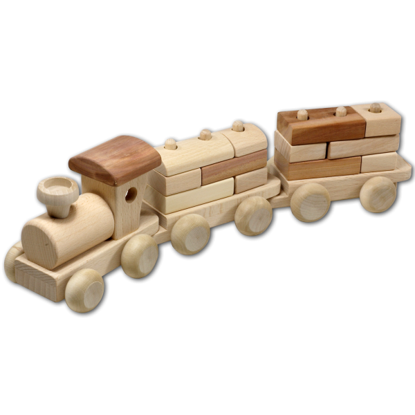 Zug und 2 Waggons, mit Bauklötzen aus Holz 34 cm