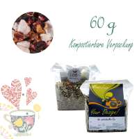 Kompostierbarer Zellglas-Beutel, Geprägtes Verschluss-Siegel aus Zuckerrohrpapier. Komplett abbaubar. Inhalt 60 g